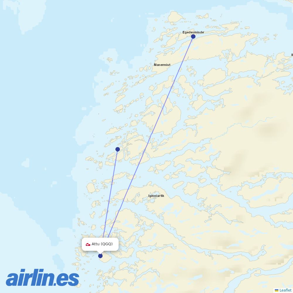 Air Greenland from Attu Heliport destination map