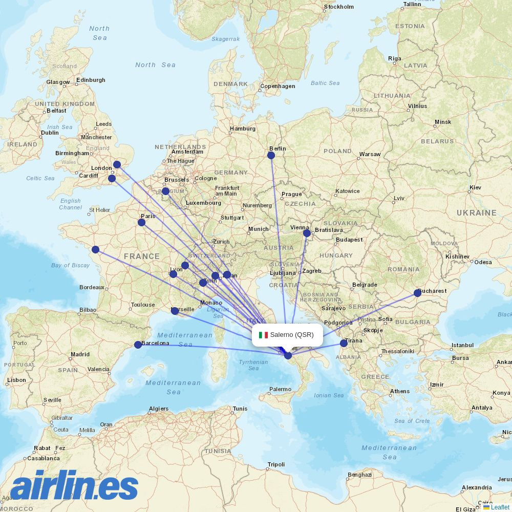 Ryanair from Salerno Pontecagnano Airport destination map