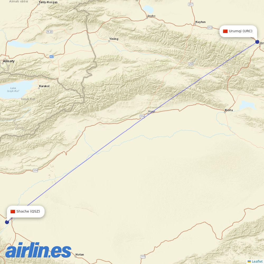 China Southern Airlines from Shache Airport destination map