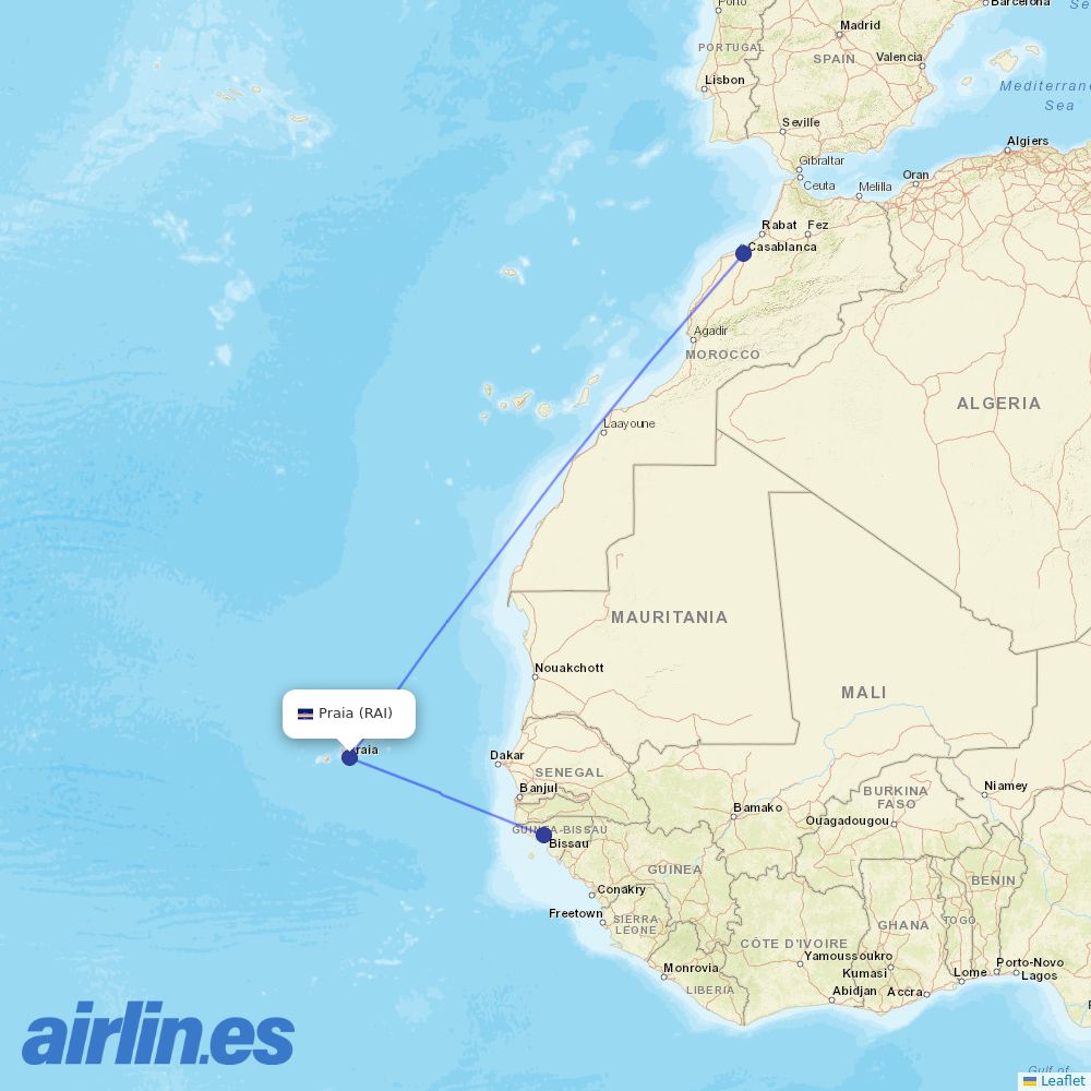 Royal Air Maroc from Praia destination map