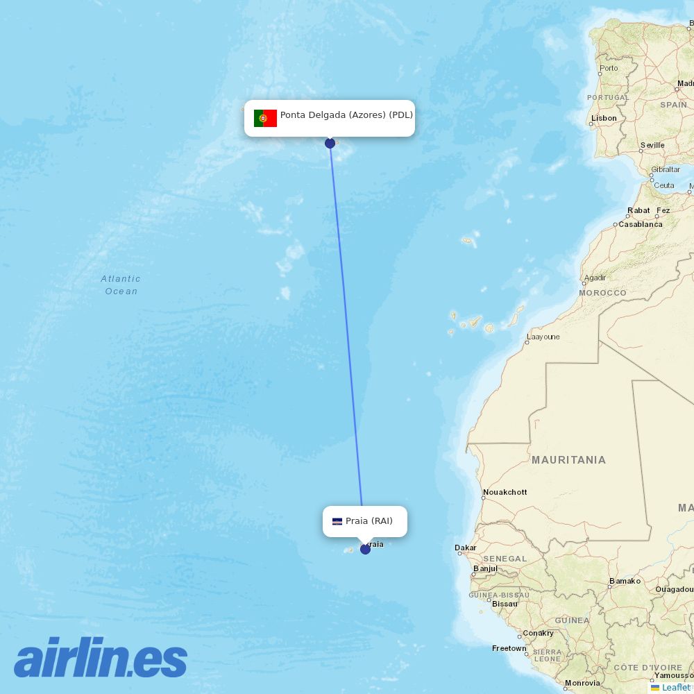 Azores Airlines from Praia destination map