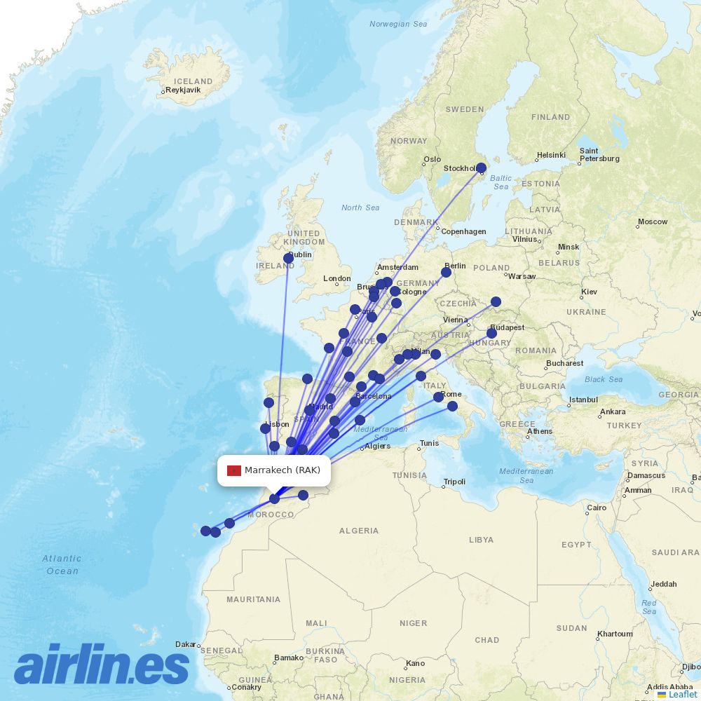 Ryanair from Marrakesh Menara Airport destination map
