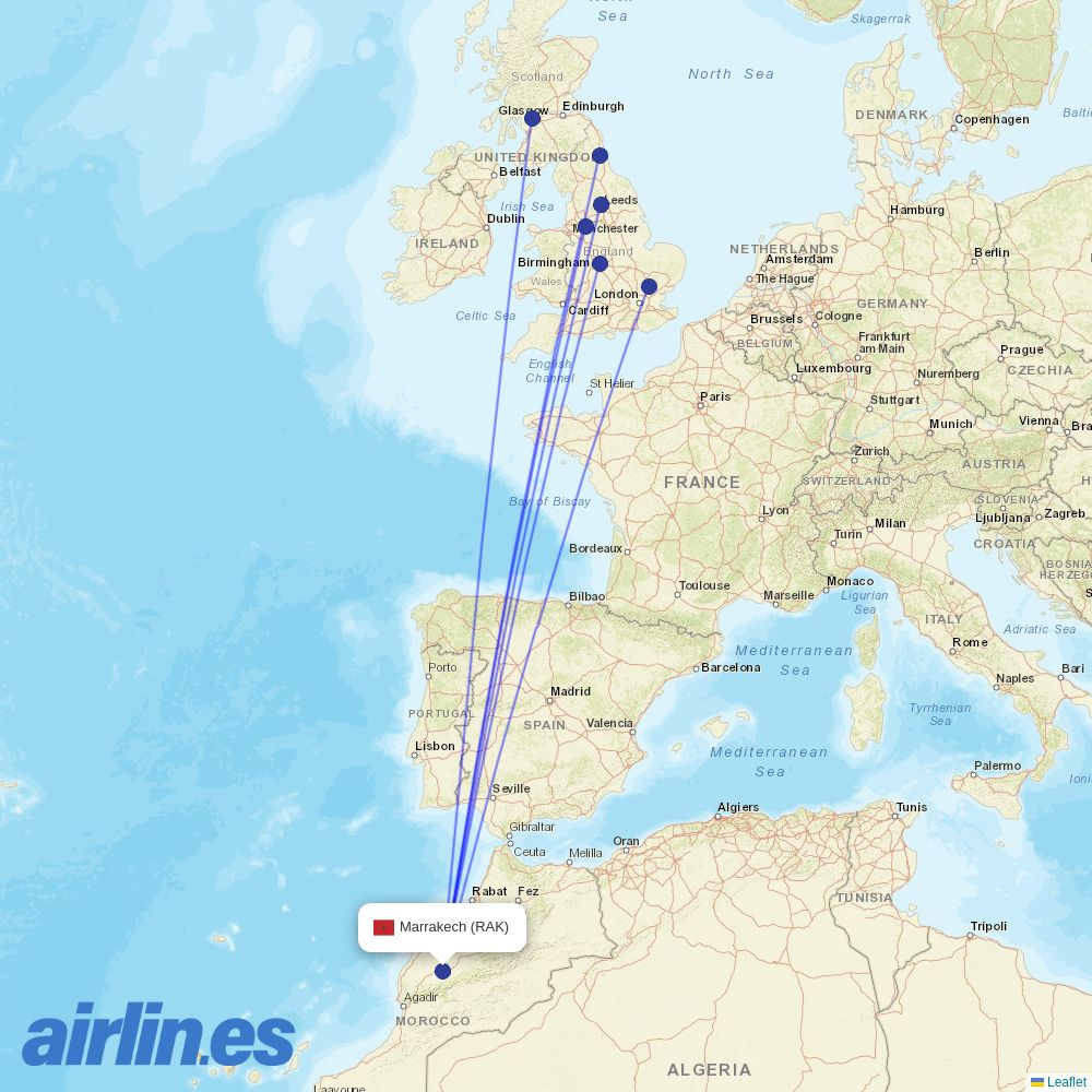 Jet2 from Marrakesh Menara Airport destination map