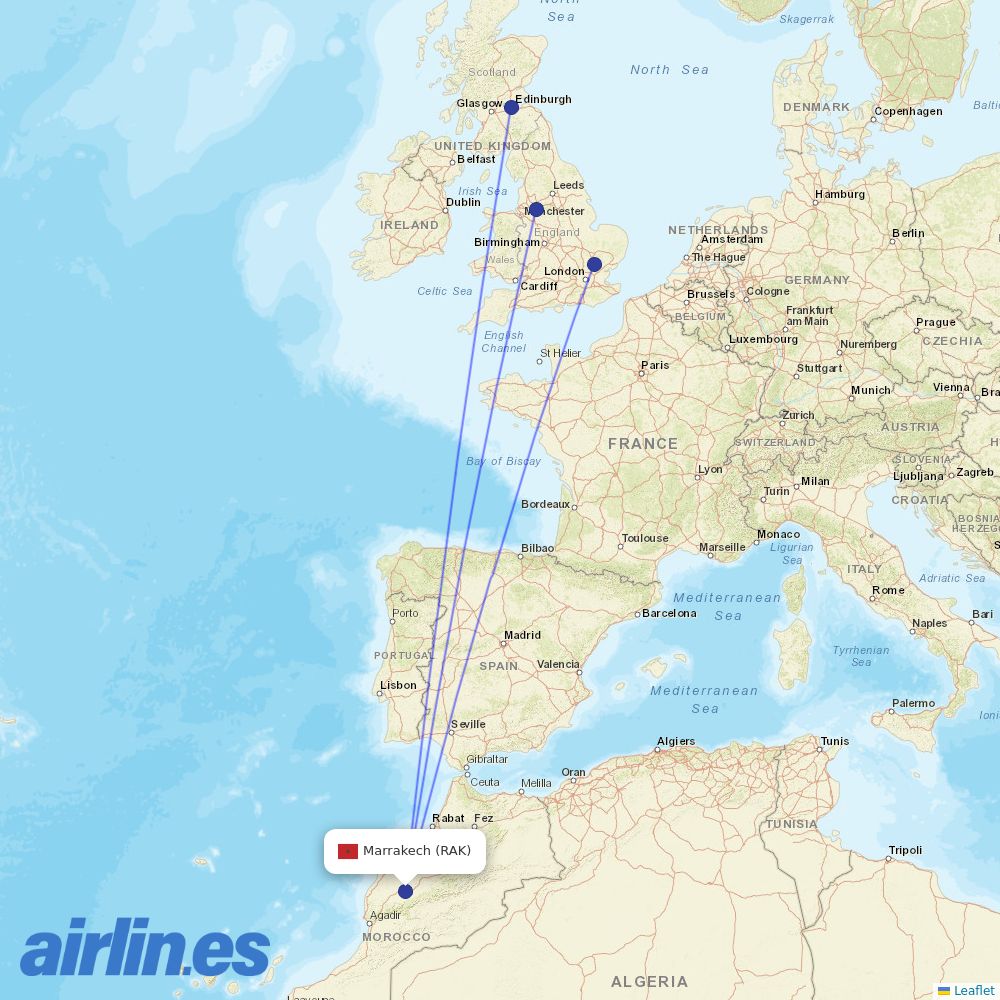 Ryanair UK from Marrakesh Menara Airport destination map