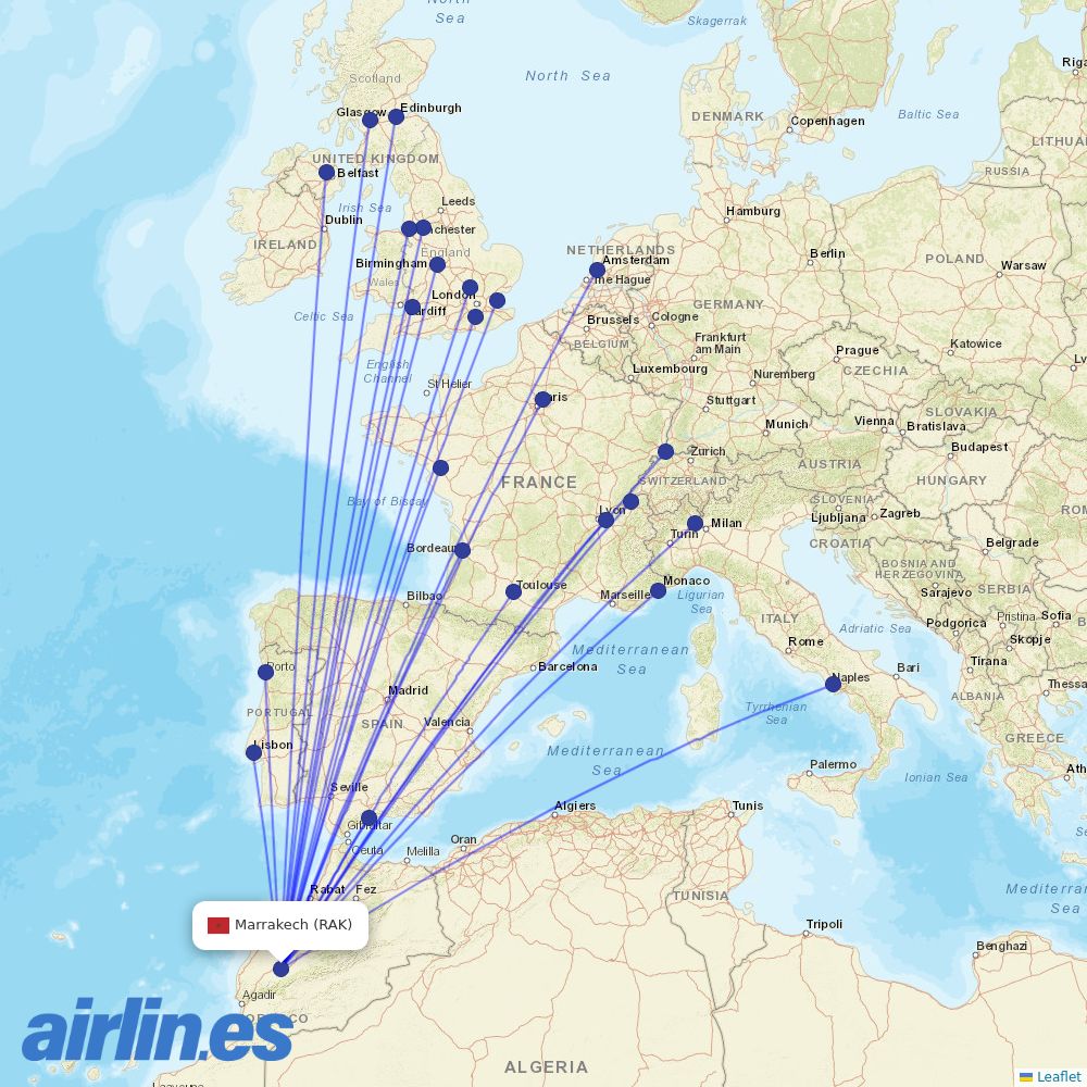 easyJet from Marrakesh Menara Airport destination map
