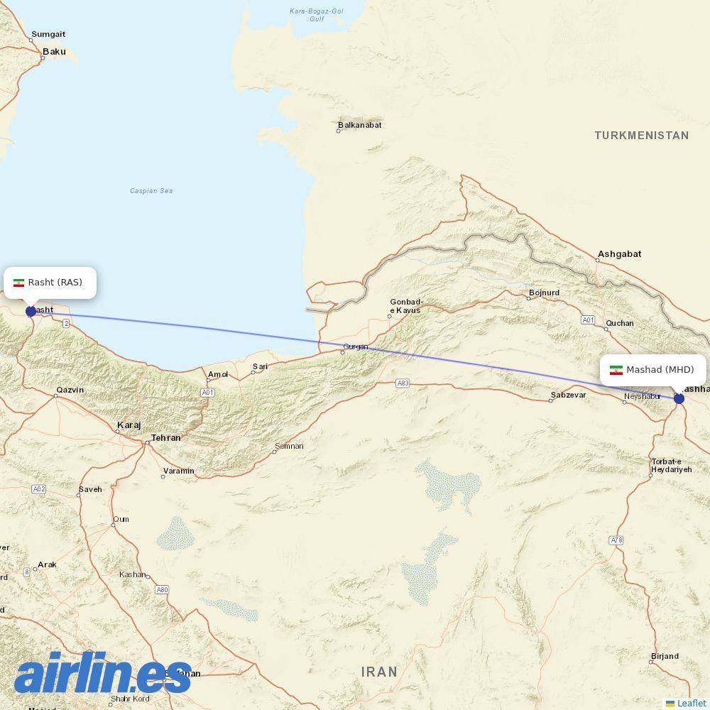 Iran Airtour from Rasht destination map