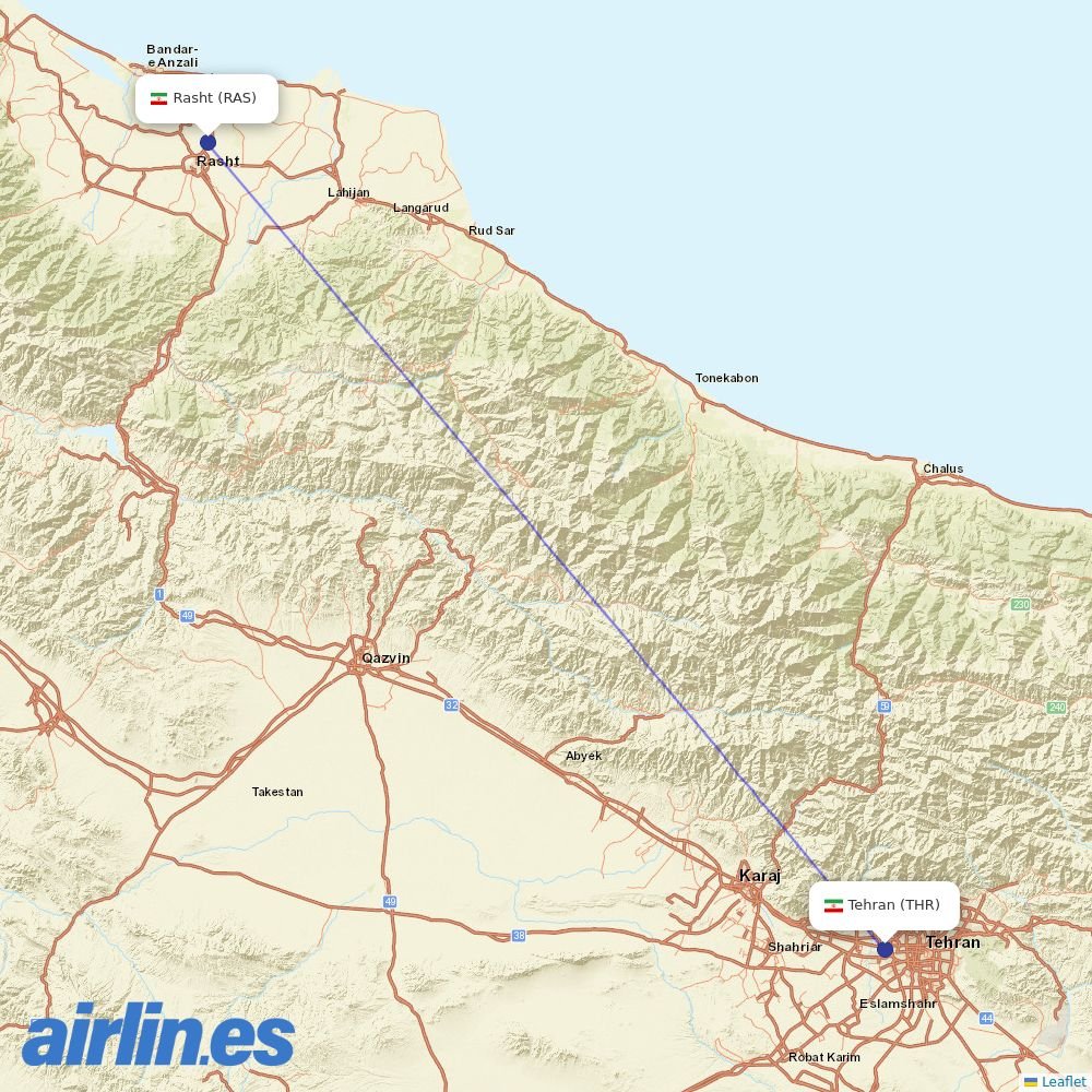 Iran Aseman Airlines from Rasht destination map