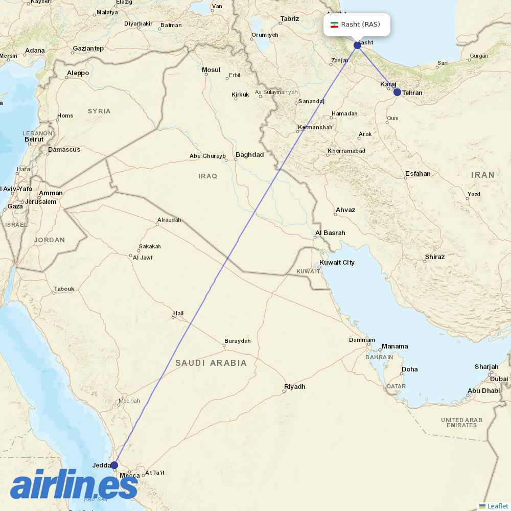 Iran Air from Rasht destination map