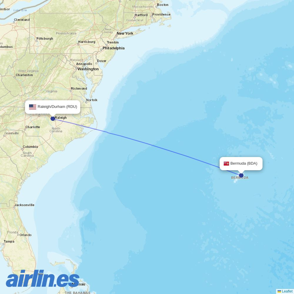 BermudAir from Raleigh–Durham Airport destination map