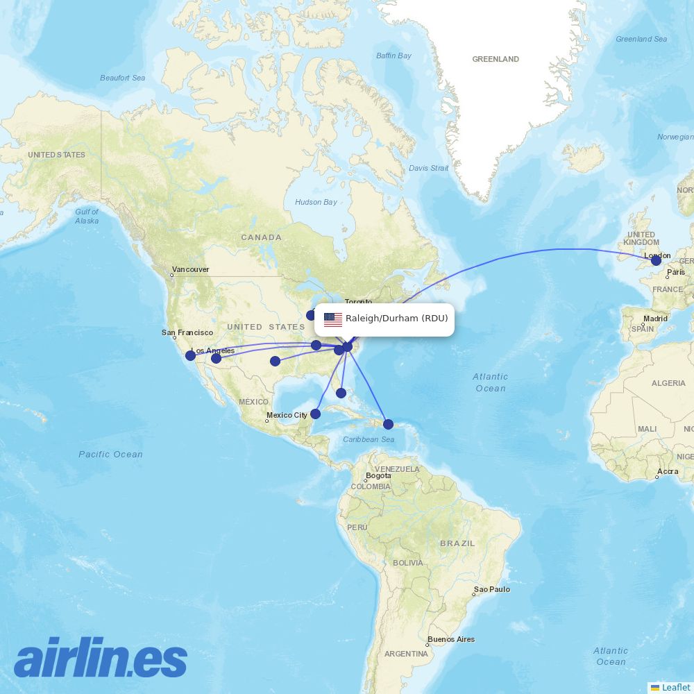 American Airlines at RDU route map