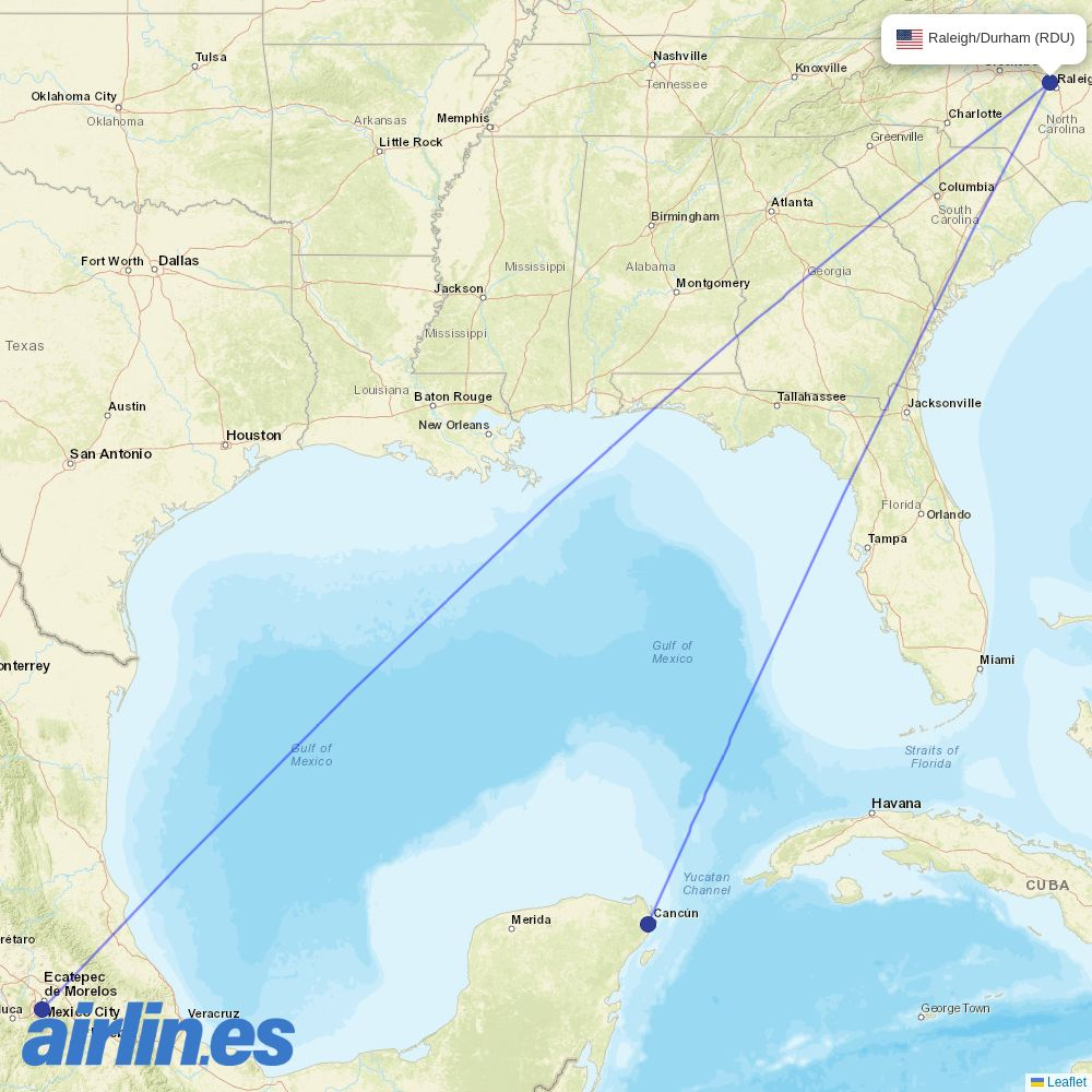 Aeromexico from Raleigh–Durham Airport destination map
