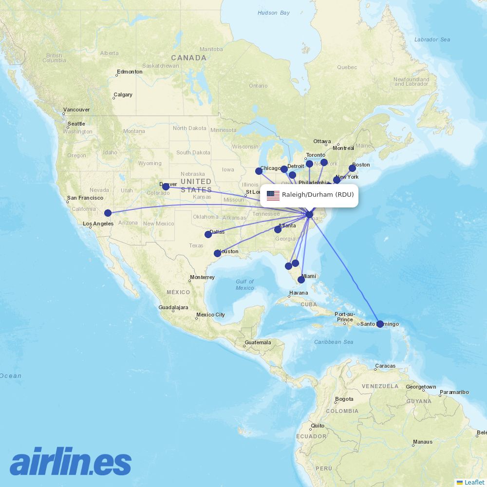 Frontier Airlines from Raleigh–Durham Airport destination map