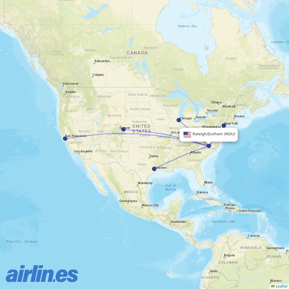 United Airlines from Raleigh–Durham Airport destination map