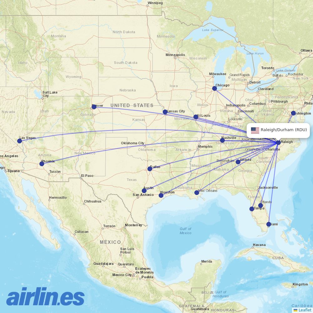 Southwest Airlines from Raleigh–Durham Airport destination map