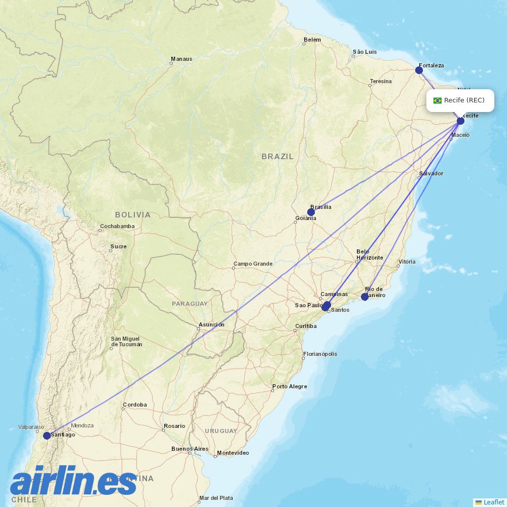 LATAM Airlines from Guararapes destination map