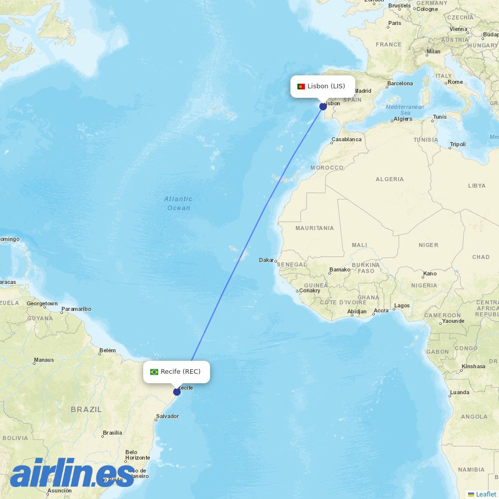 TAP Portugal from Guararapes destination map
