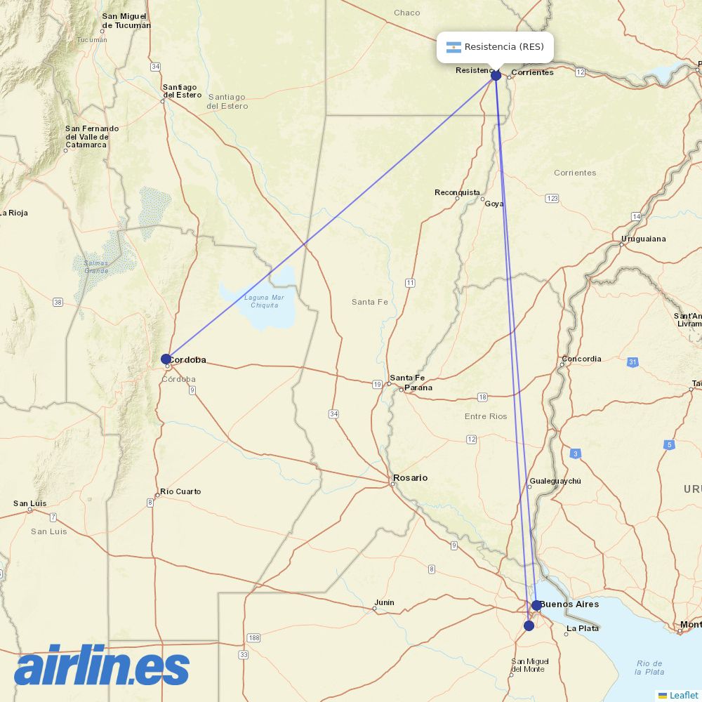 Aerolineas Argentinas from Resistencia destination map