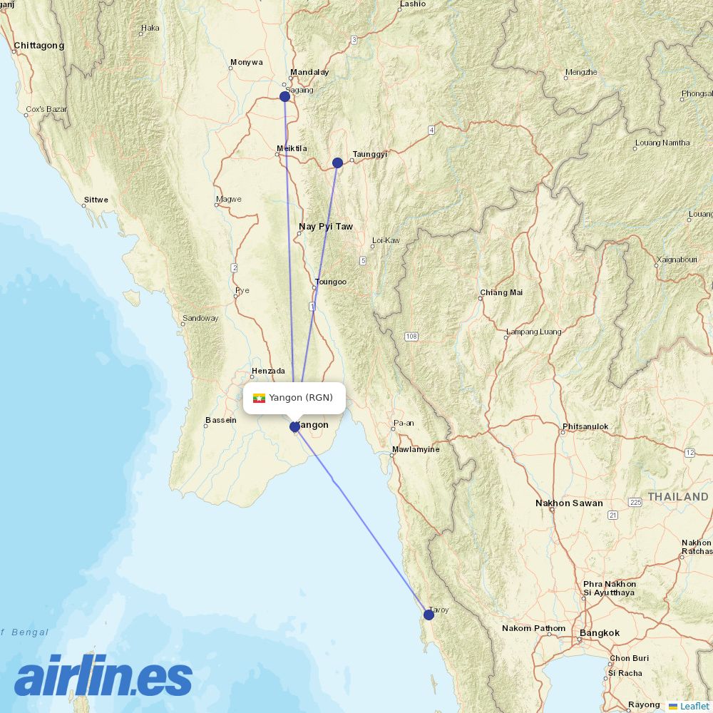 Mann Yadanarpon Airlines from Yangon International destination map