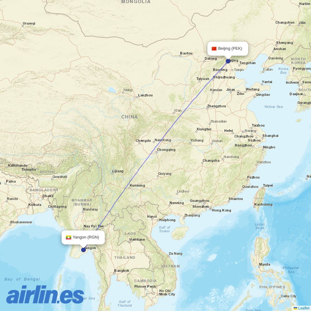 Air China from Yangon International destination map