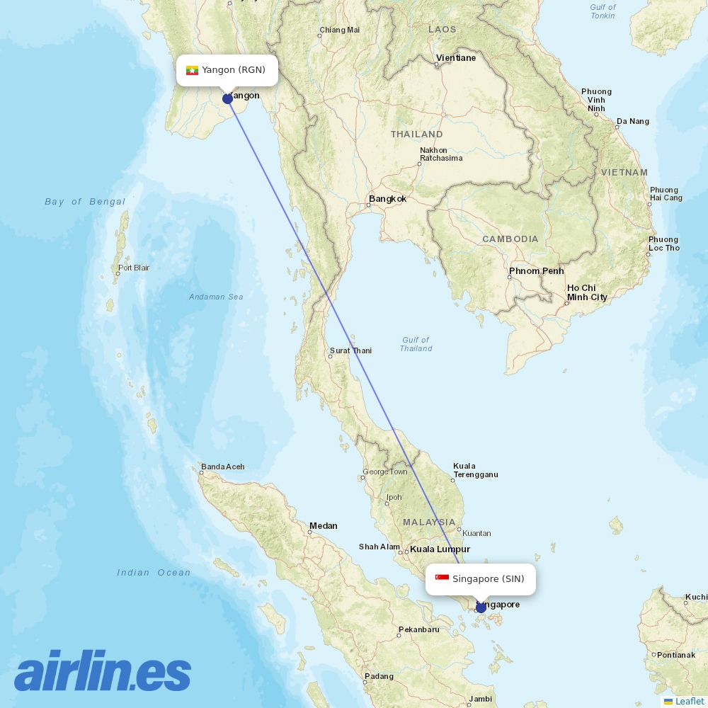Singapore Airlines from Yangon International destination map