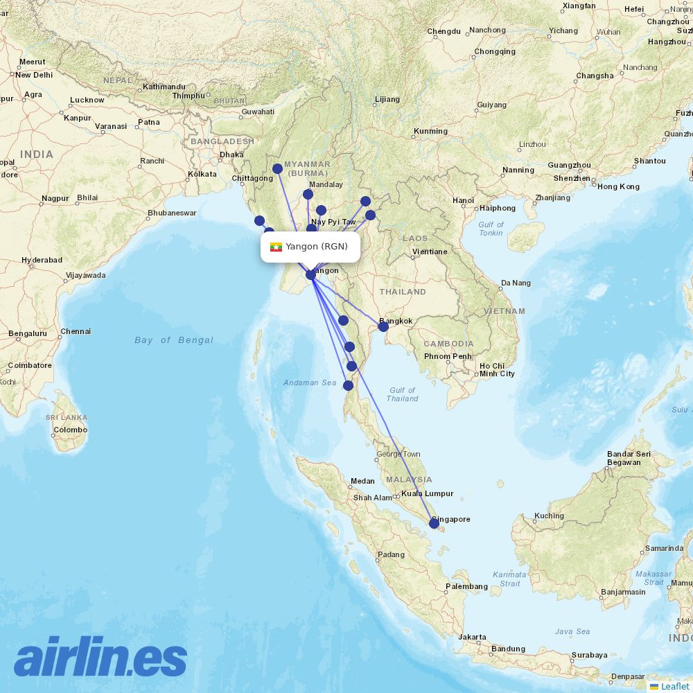 Myanmar National Airlines from Yangon International destination map