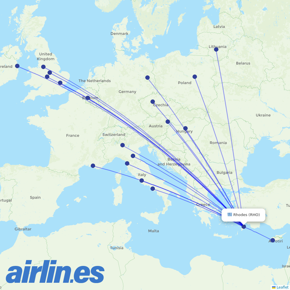Ryanair from Rhodes International Airport destination map