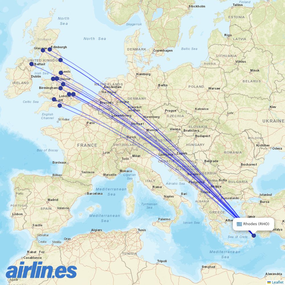 Jet2 from Rhodes International Airport destination map