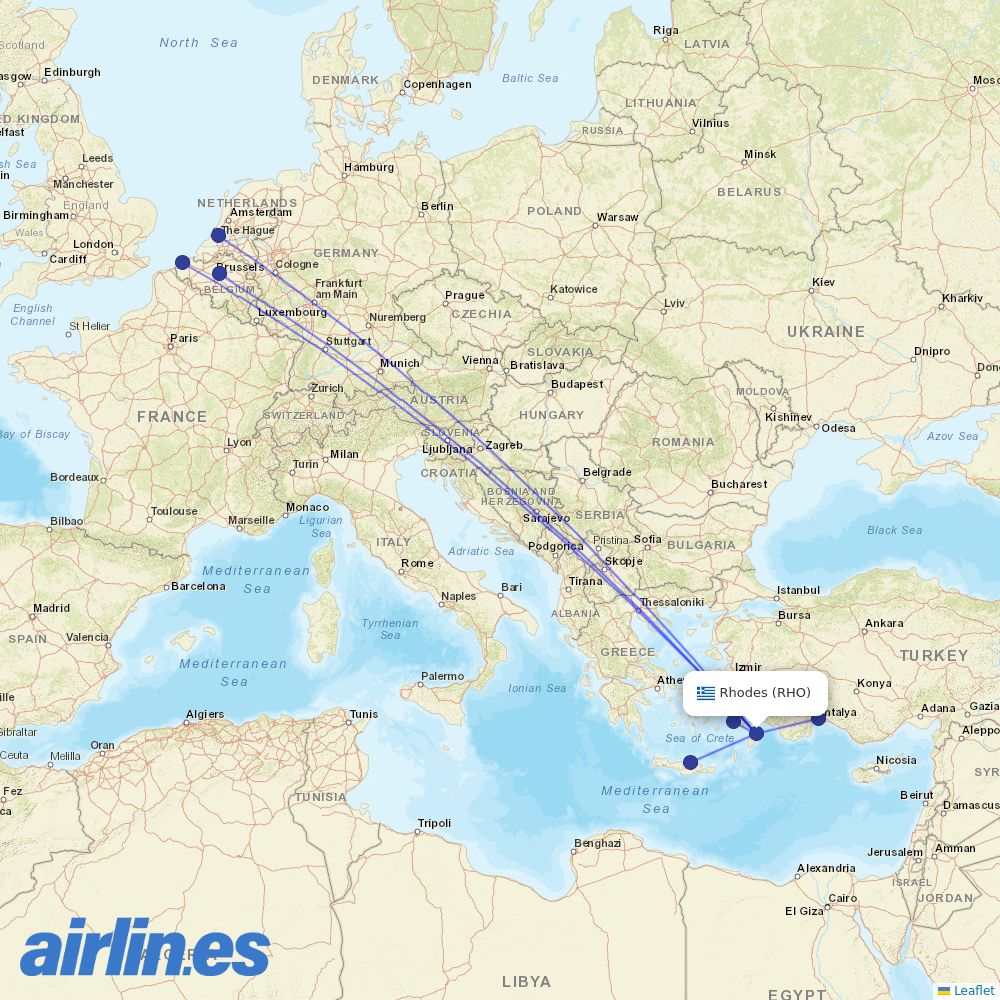 TUI fly Belgium from Rhodes International Airport destination map