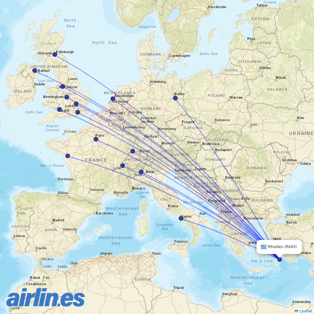 easyJet from Rhodes International Airport destination map