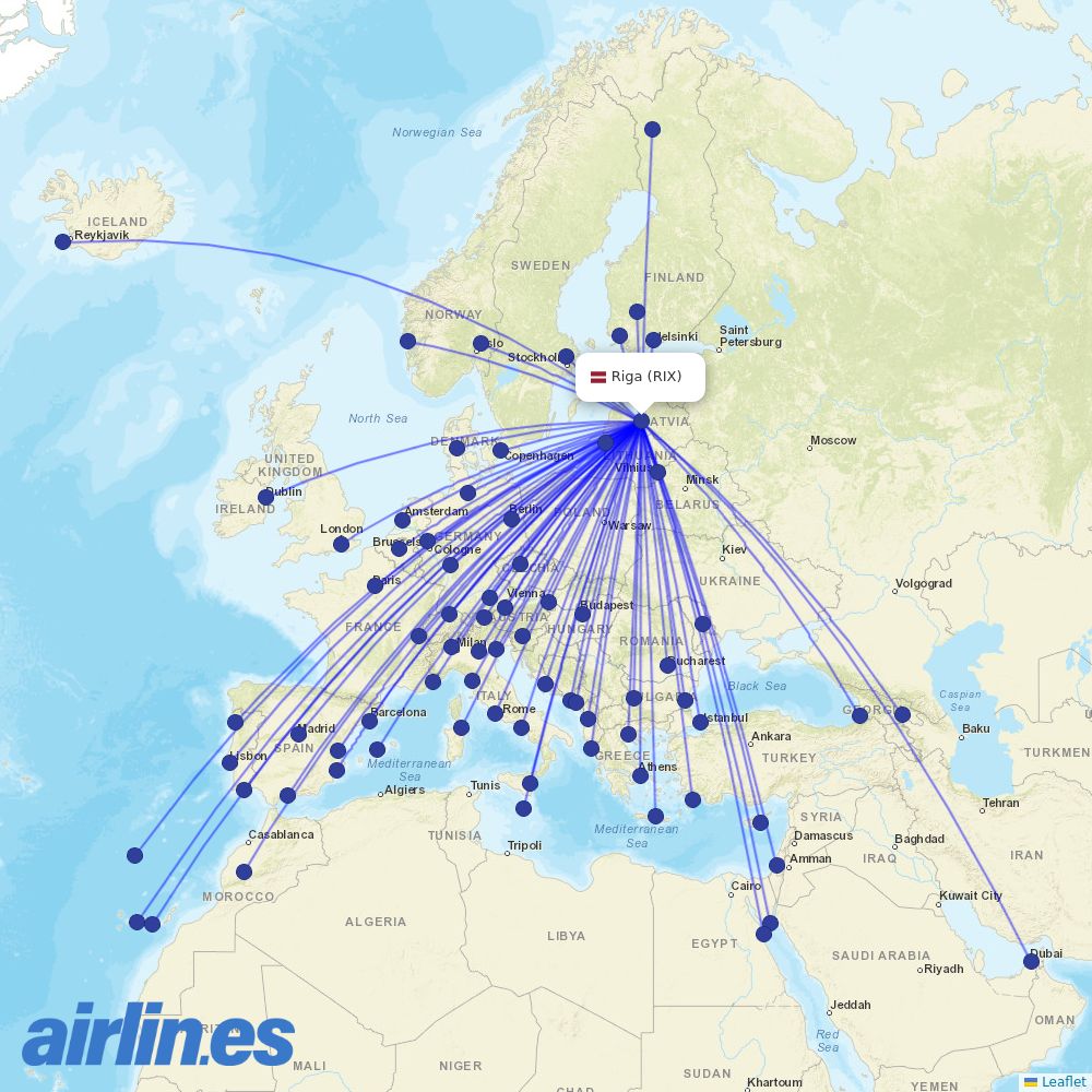 Air Baltic from Riga International Airport destination map