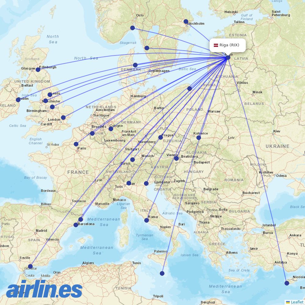 Ryanair from Riga International Airport destination map