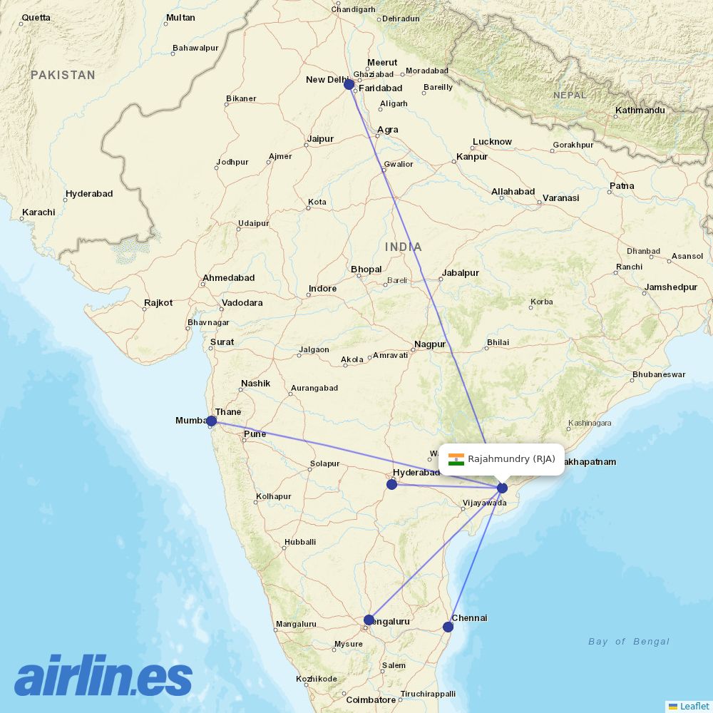 IndiGo from Rajahmundry destination map