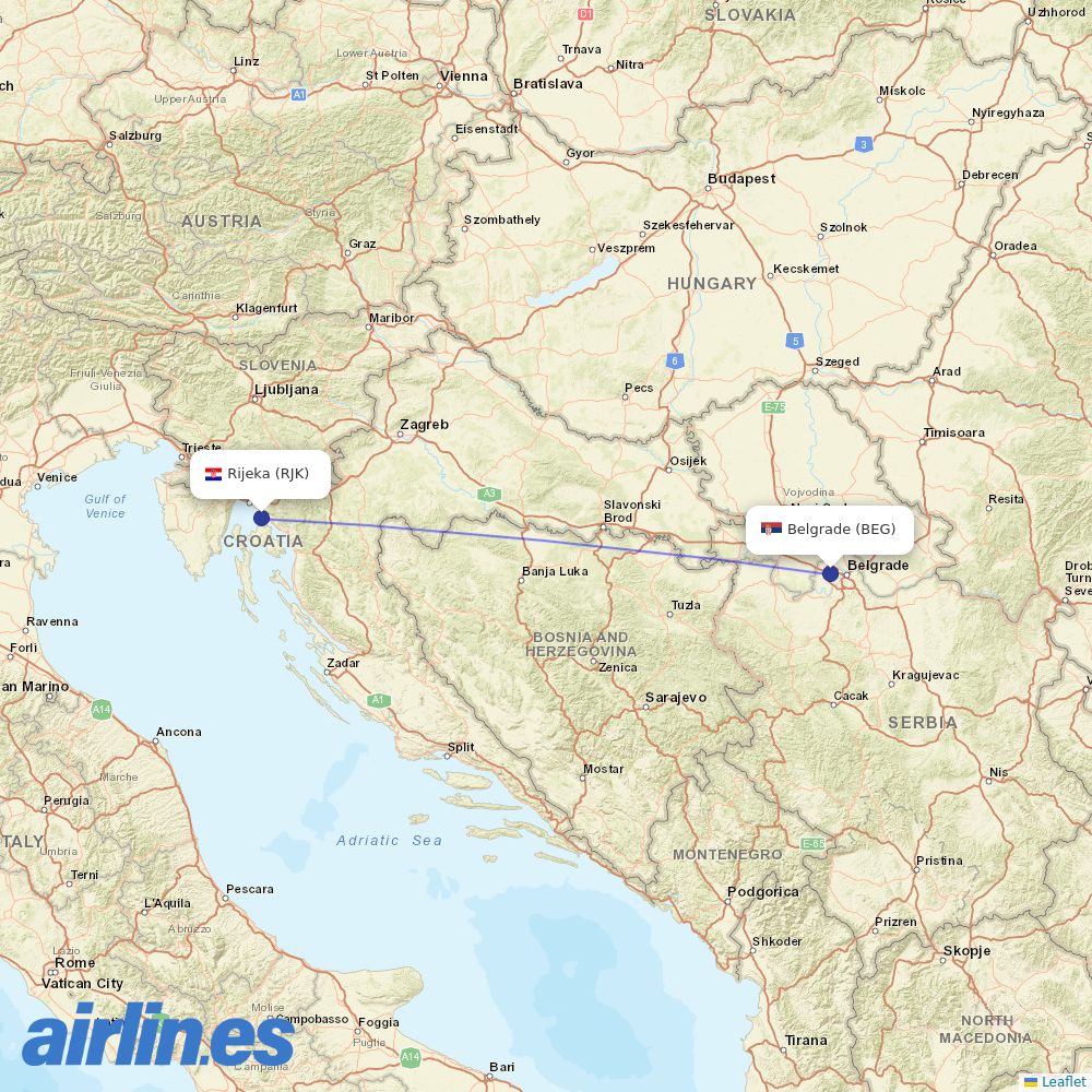 Air Serbia from Rijeka destination map
