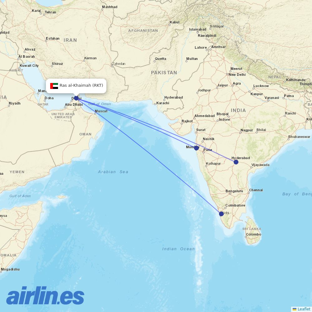 IndiGo from Ras Al Khaimah International destination map
