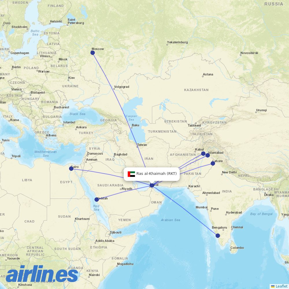 Air Arabia from Ras Al Khaimah International destination map
