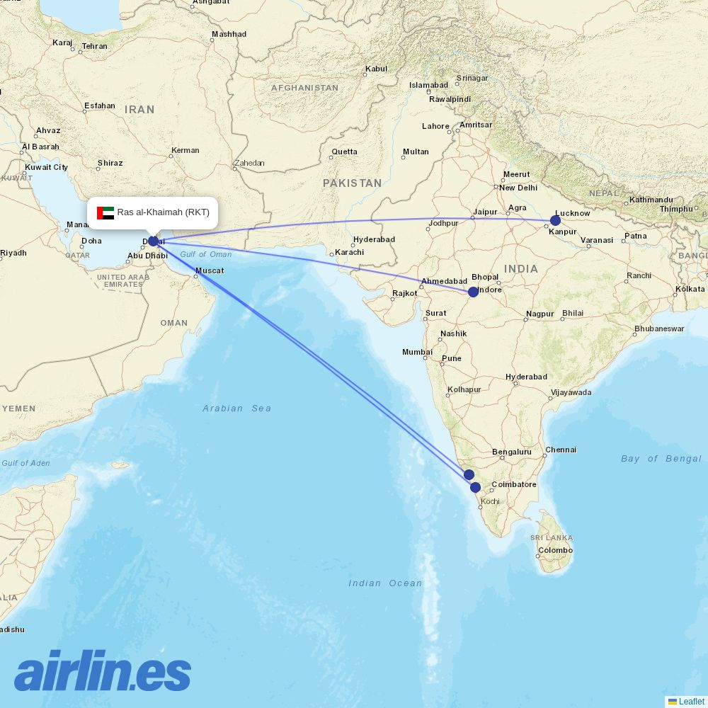 Air India Express from Ras Al Khaimah International destination map