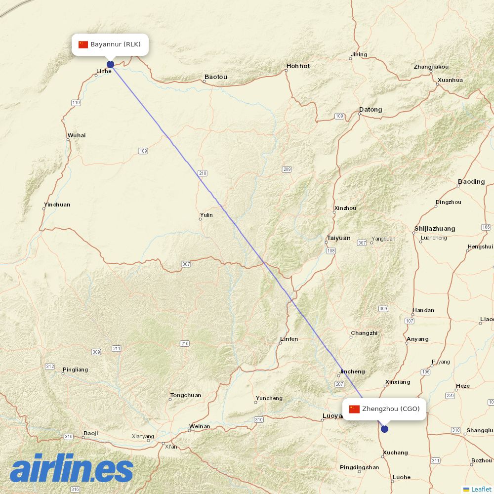 Juneyao Airlines from Bayannur Tianjitai Airport destination map
