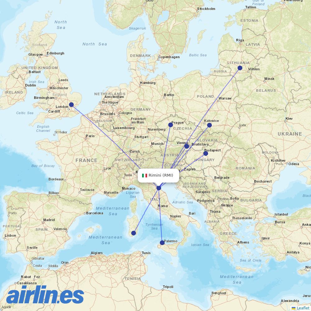 Ryanair from Rimini destination map