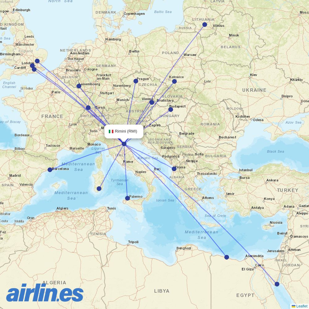 easyJet from Rimini destination map