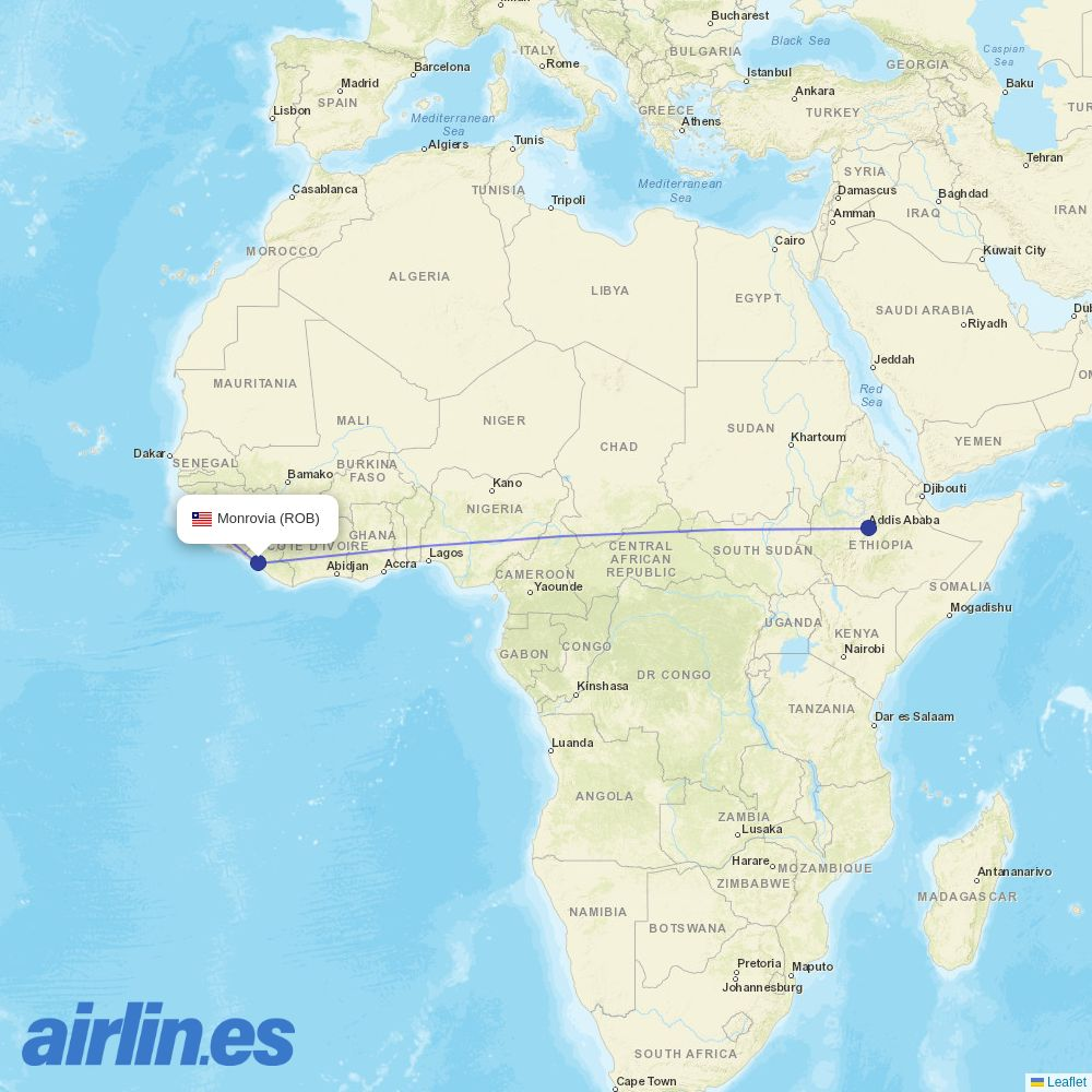 Ethiopian Airlines from Monrovia Roberts International destination map
