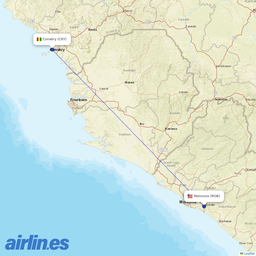 Air Cote DIvoire from Monrovia Roberts International destination map