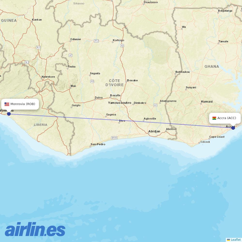 Kenya Airways from Monrovia Roberts International destination map