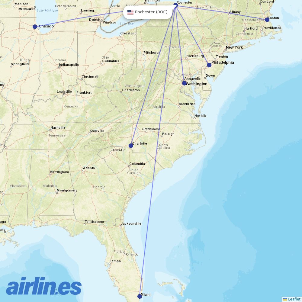 American Airlines from Greater Rochester International destination map