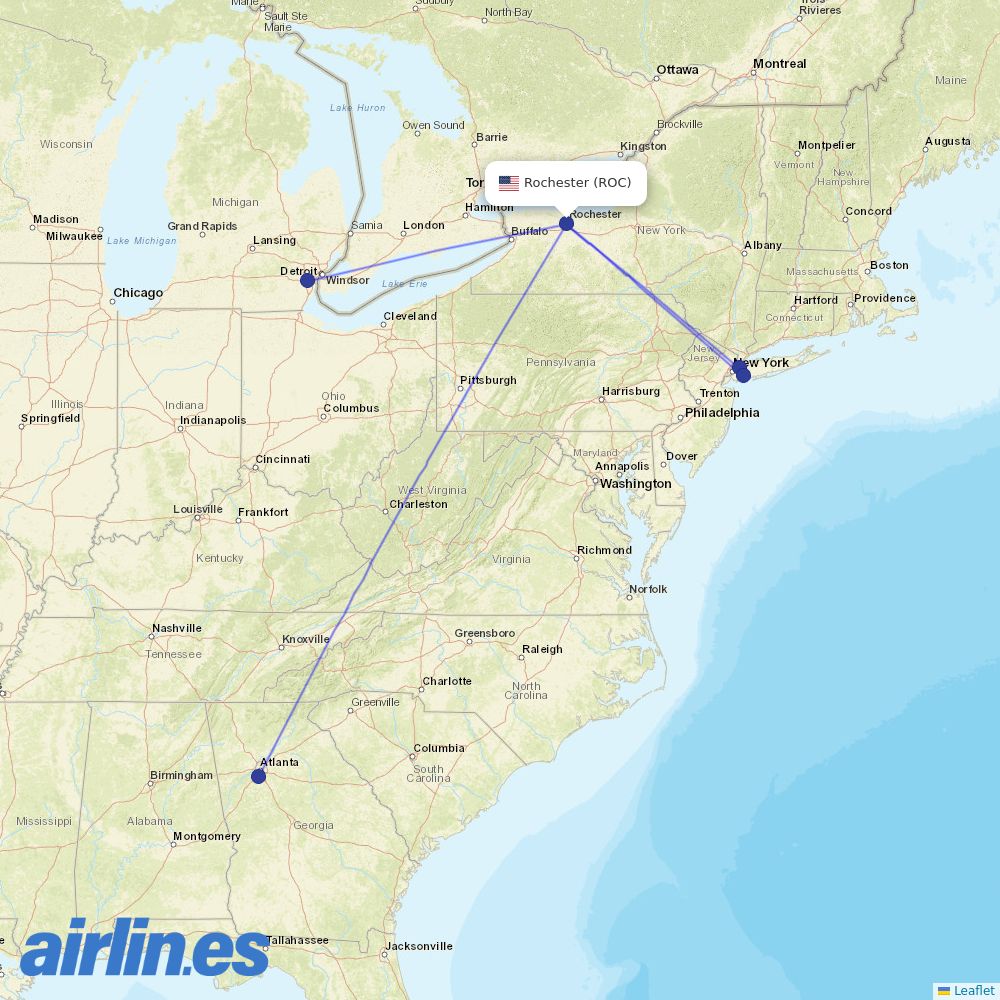Delta Air Lines from Greater Rochester International destination map