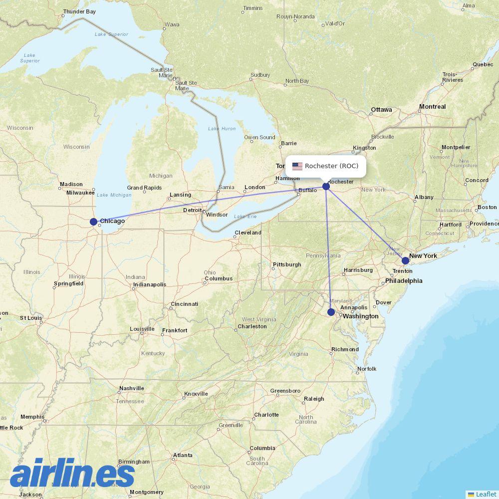 United Airlines from Greater Rochester International destination map