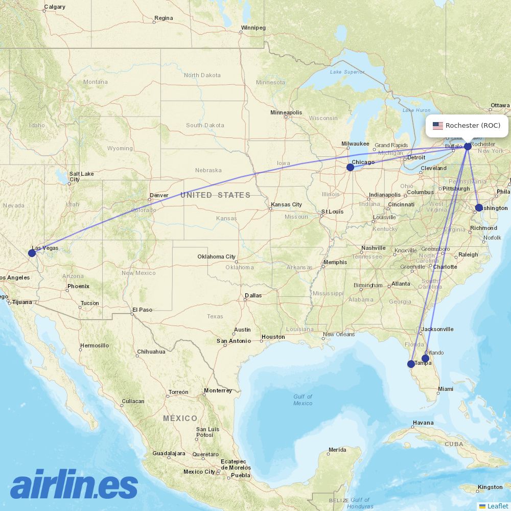 Southwest Airlines from Greater Rochester International destination map
