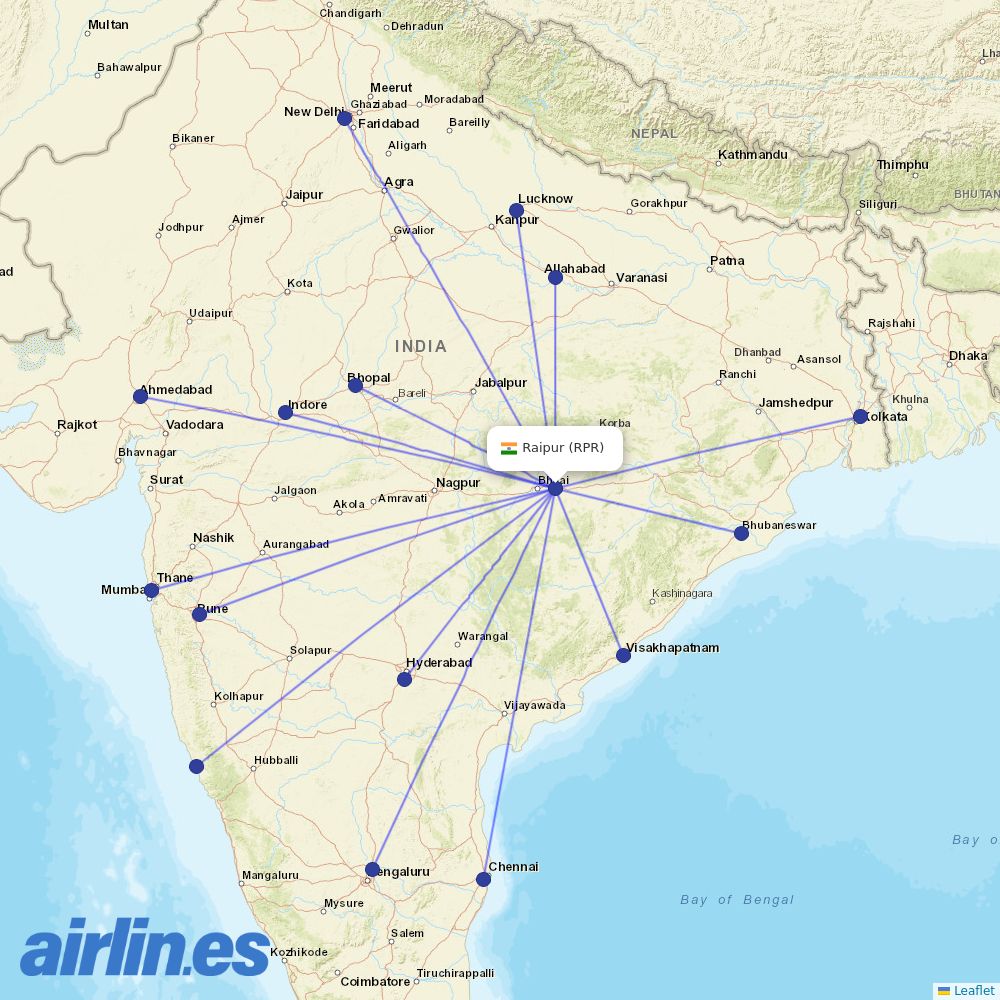 IndiGo from Raipur destination map