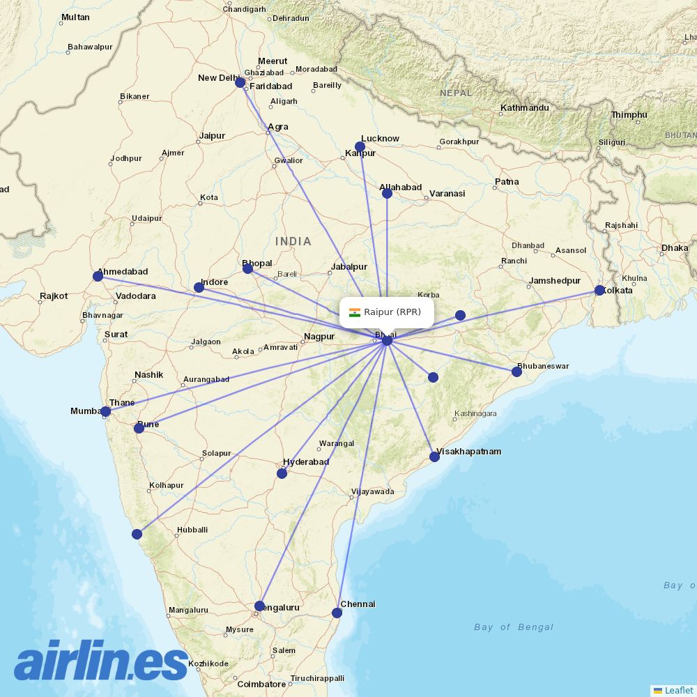 Air India from Raipur destination map