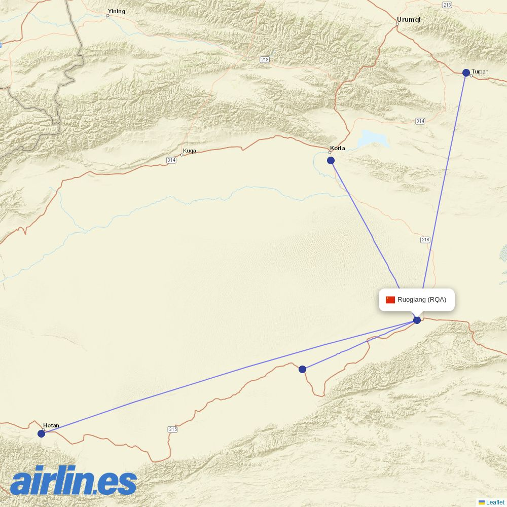 Chengdu Airlines from Ruoqiang destination map