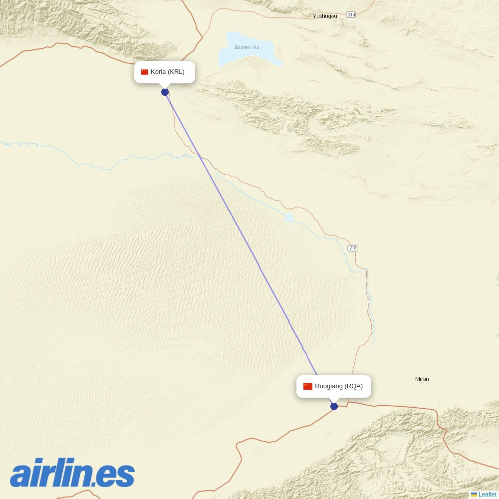 Tianjin Airlines from Ruoqiang destination map